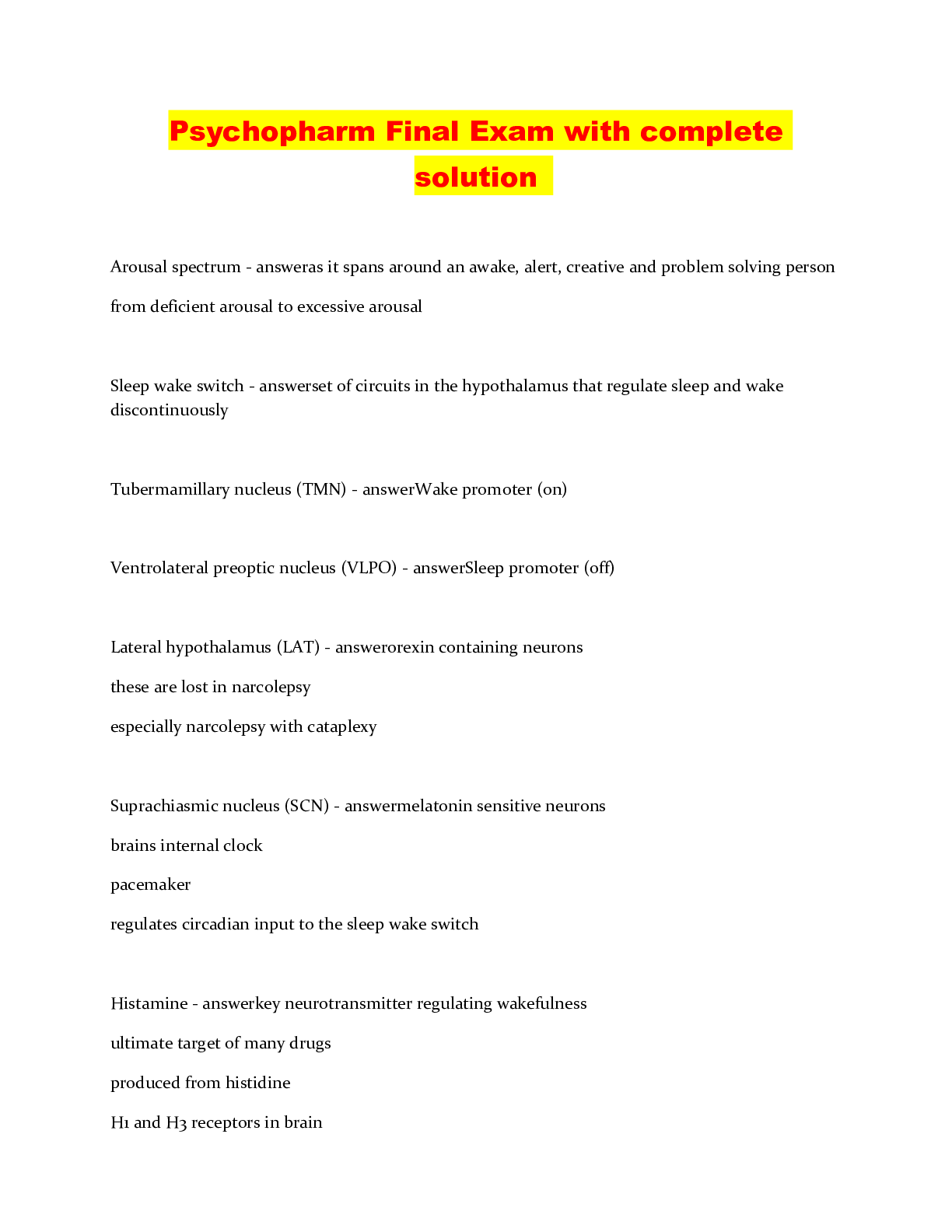 Preview image of Psychopharm Final Exam with complete solution document